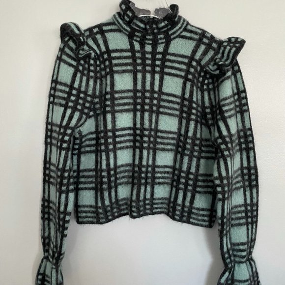 ZARA wool mohair sweater NWT green black S ruffle shoulder soft - Picture 6 of 13